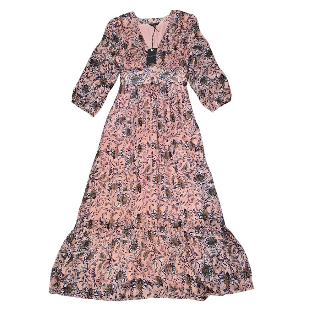 Lucky Brand Maxi Dress Womens Small Pink Gold Metallic Boho Paisley Fairy Whimsy